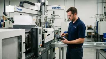 Manufacturing technician programming and monitoring automated Cartesian robot system on plant floor