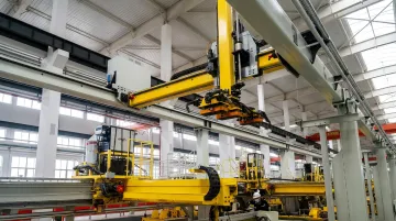 Large-format industrial gantry robot system operating over injection molding press