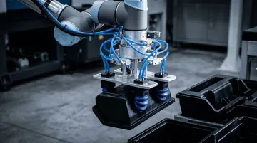 Robotic gripper EOAT removing plastic part from injection mold cavity