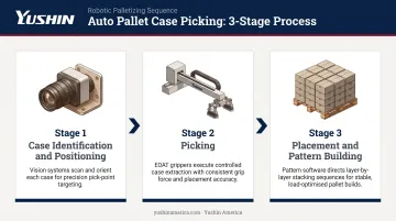 Three-step auto pallet case picking process flow from identification to placement