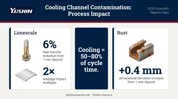 Cooling channel contamination impact on cycle time warpage and heat transfer efficiency