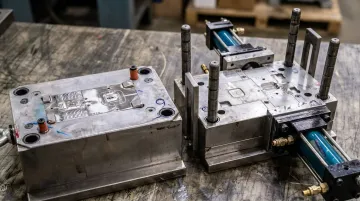 Injection mold tooling inspection showing parting surface and cooling channel condition