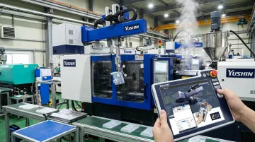 Yushin FRA Series robot with INTU LINE IoT dashboard displaying live production metrics