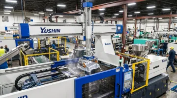 Yushin Cartesian take-out robot extracting parts from injection molding machine
