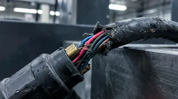 Frayed industrial robot cable harness showing visible wear damage at flex point