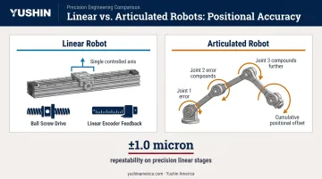 Linear robot accuracy versus articulated robot joint error comparison infographic