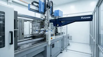 Yushin automated take-out robot extracting clear plastic parts from injection molding machine