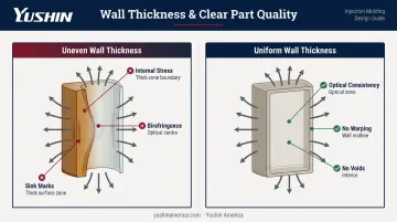 Uniform versus uneven wall thickness effects on clear plastic part optical quality