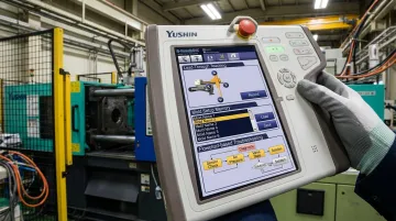 Yushin E-touch Series controller interface displaying mold setup and programming features