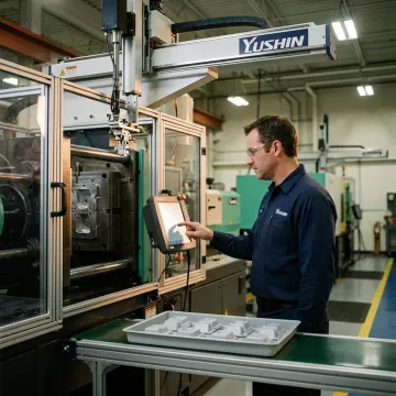 Engineer configuring a robot controller in a manufacturing cell