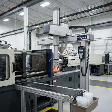 Injection molding automation in manufacturing facility