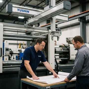 Engineer reviewing a large injection molding robot cell