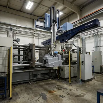 Take-out robot handling a large molded plastic part