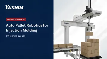 Yushin PA Series compact palletizing robot handling end-of-line packaging in an injection molding facility