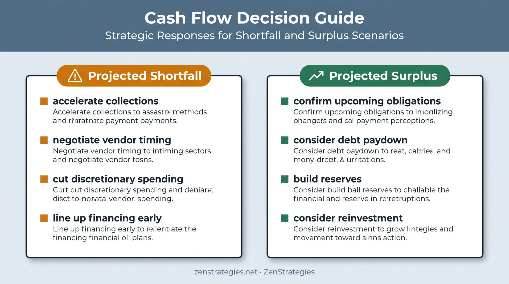 Cash flow forecast response guide for projected shortfalls and surpluses