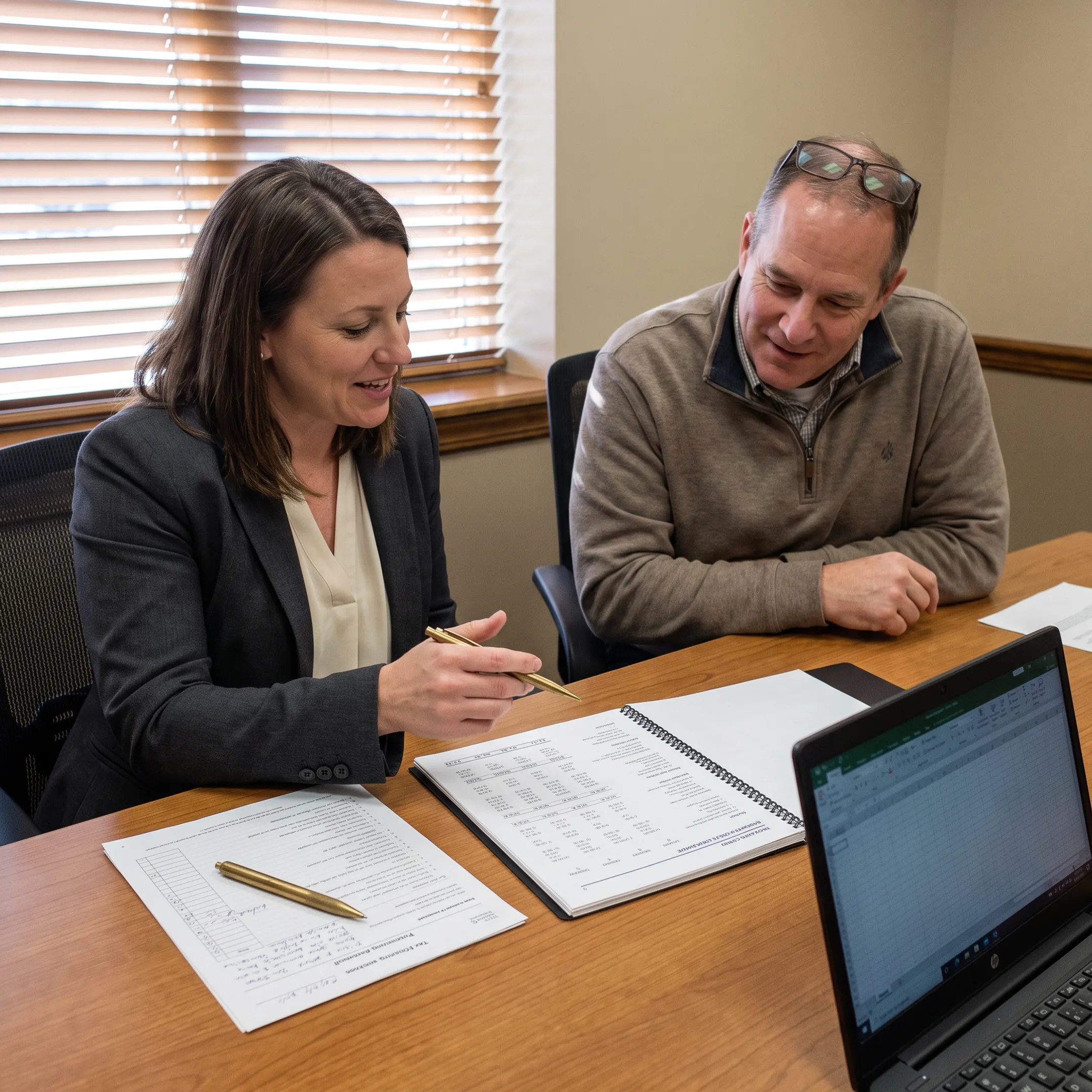 Advisor reviewing tax documents and financial reports with a business owner