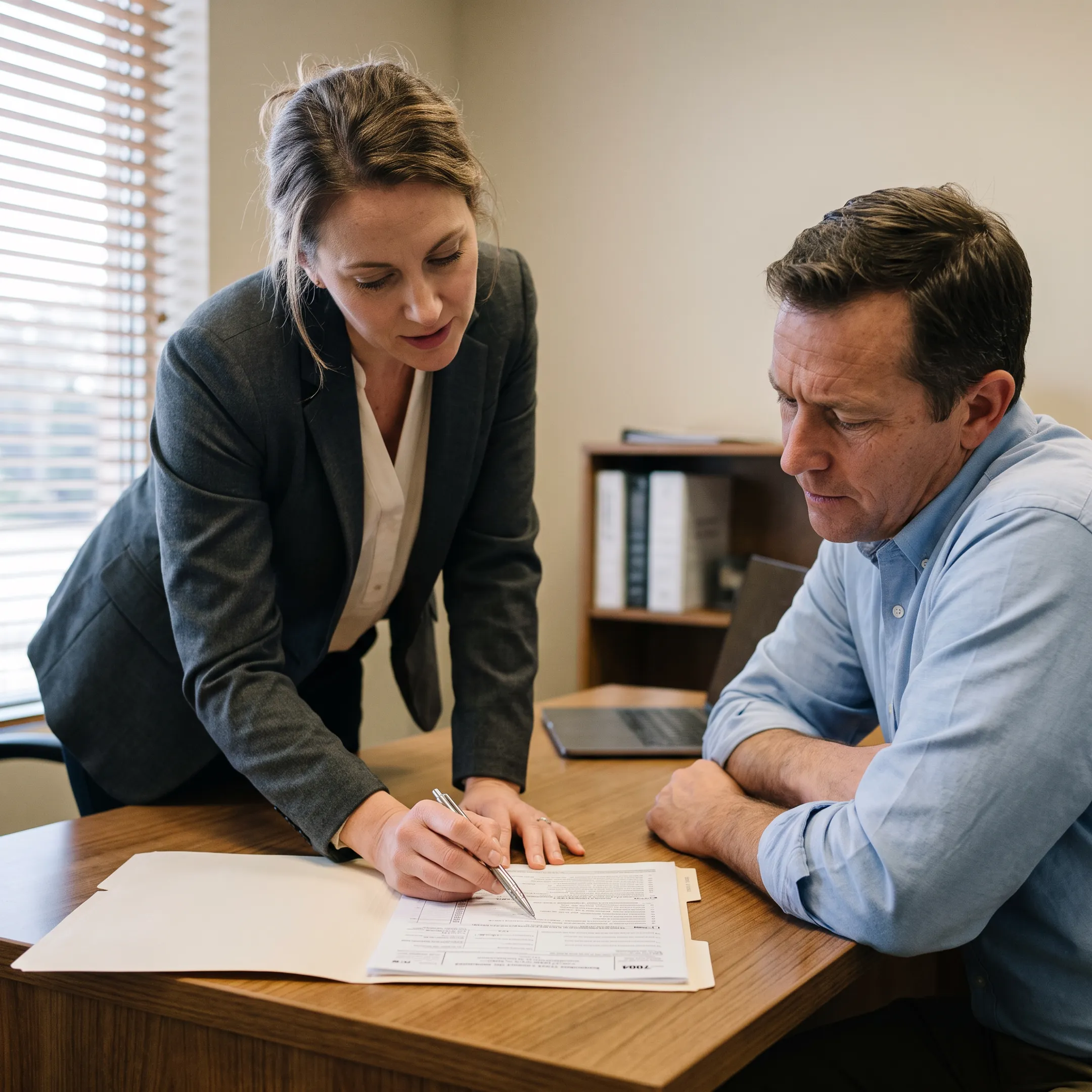 Advisor reviewing business tax extension documents with a business owner