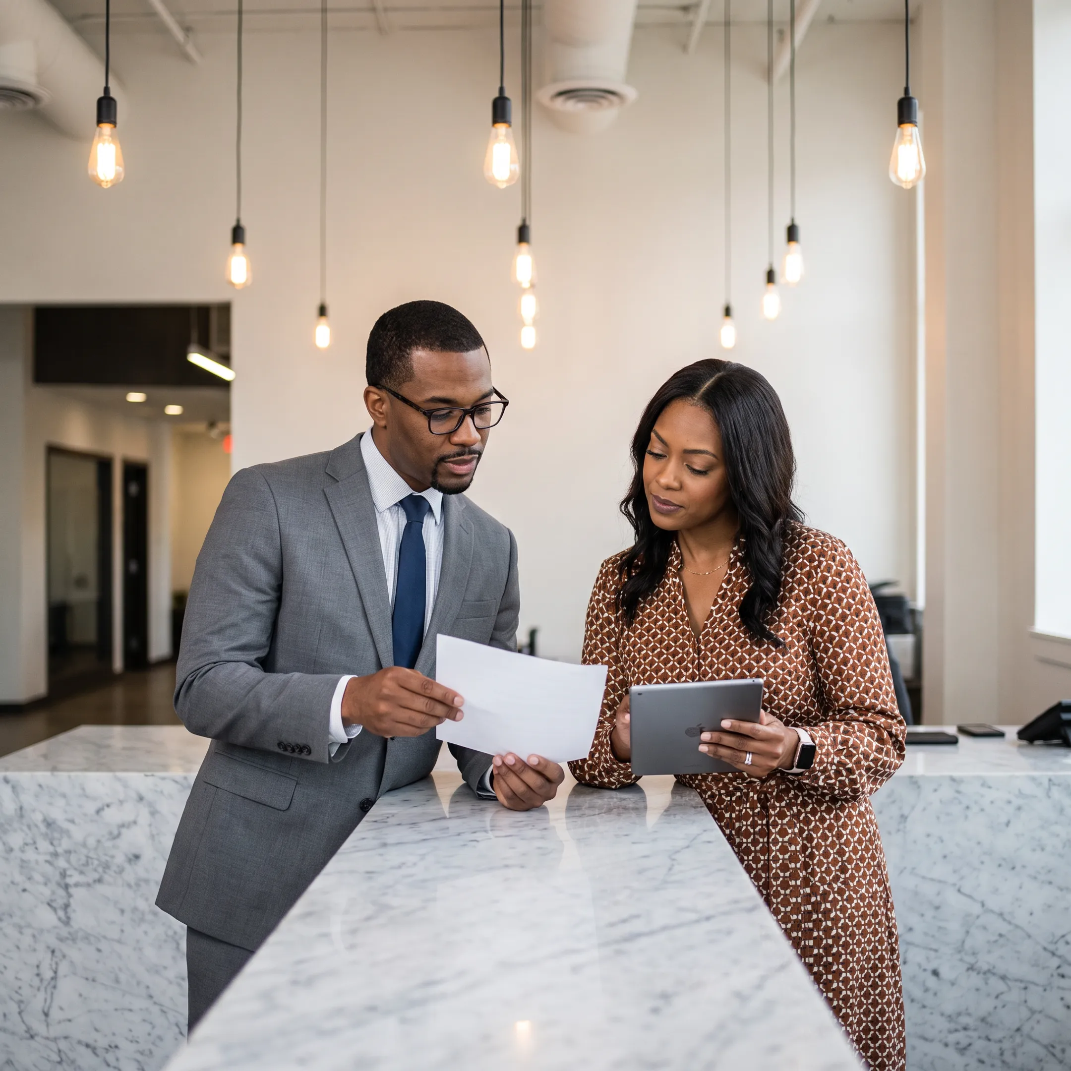 Tax professional reviewing financial documents with a business owner at a desk
