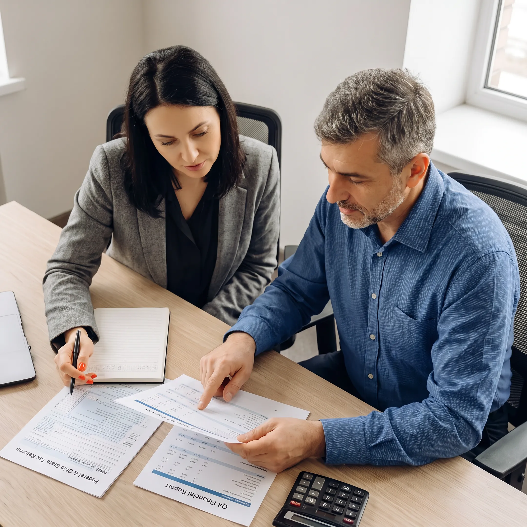Tax professional explaining financial planning documents to a business owner