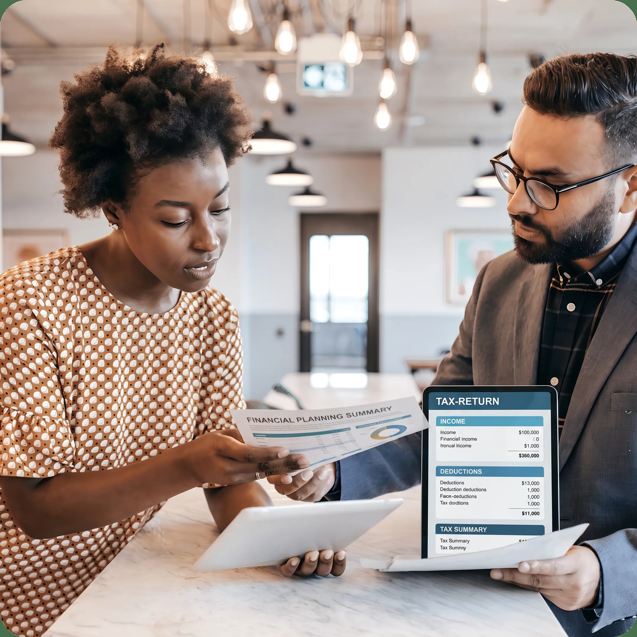 Advisor reviewing tax documents and financial reports with a business owner during an online meeting
