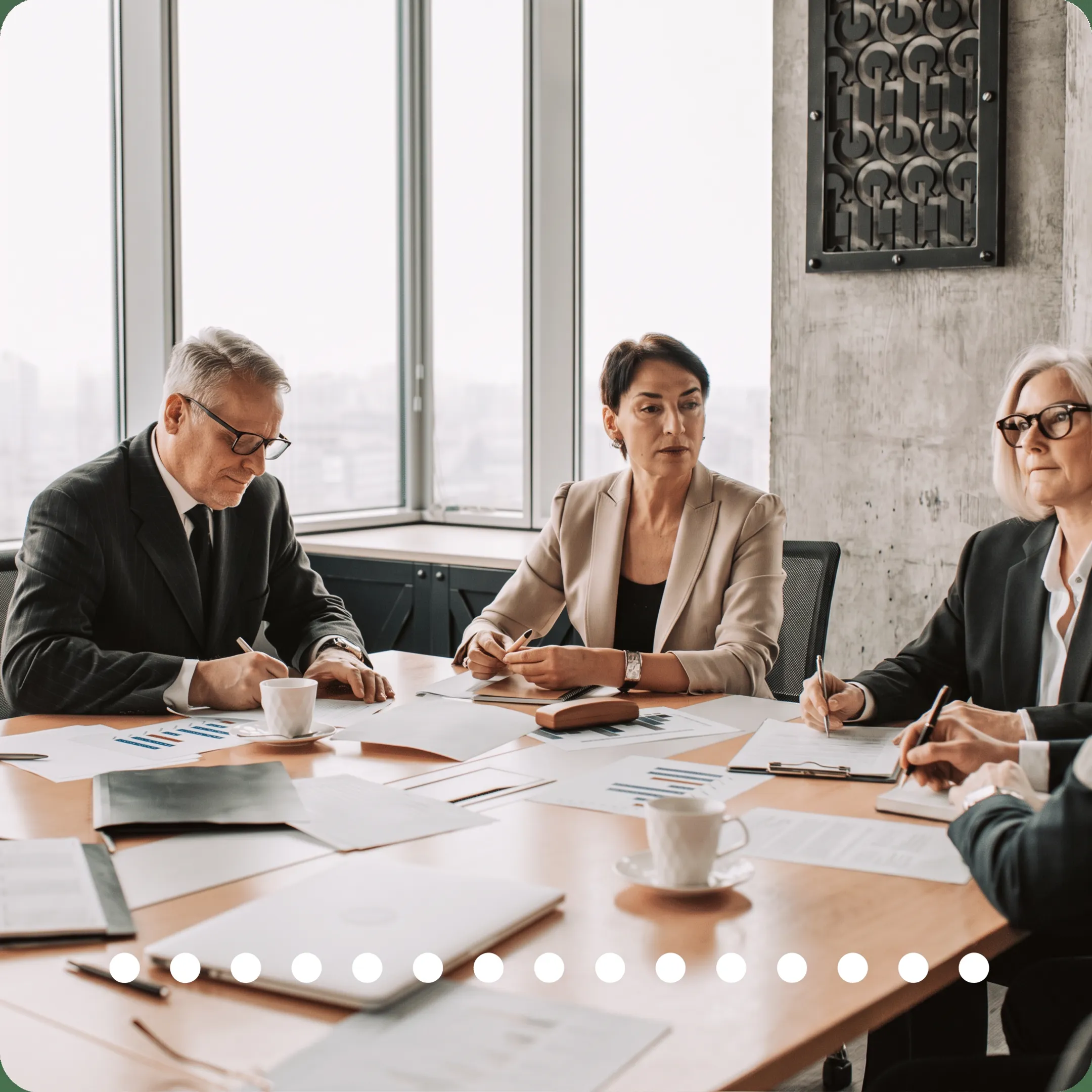 Business advisory team analyzing financial performance reports
