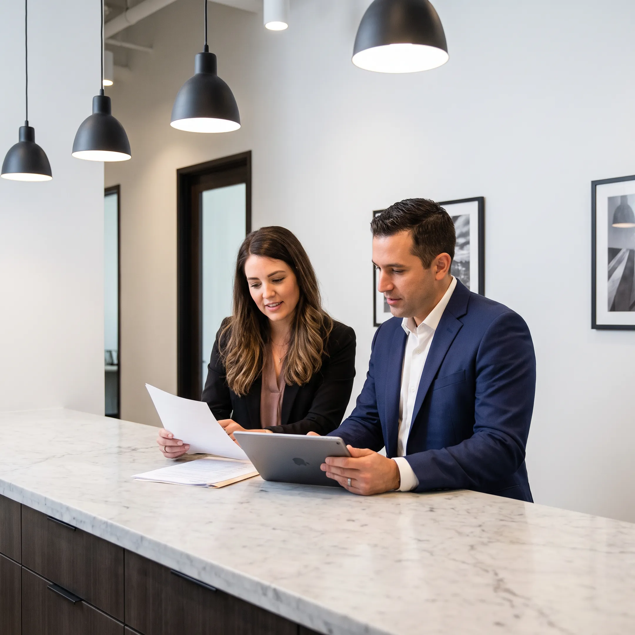 Advisor reviewing tax documents and financial reports with a business owner
