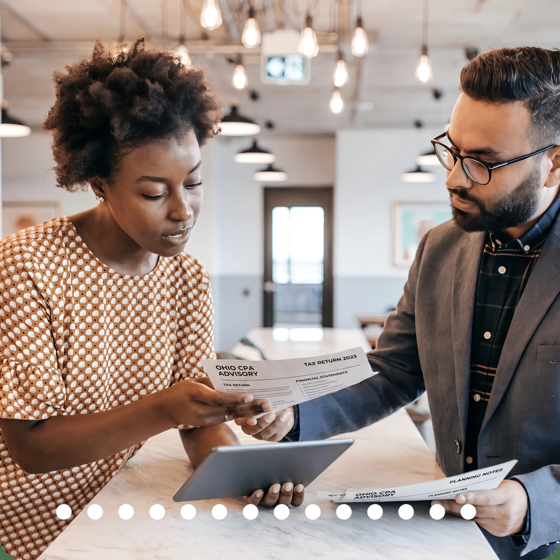 Advisor reviewing tax and financial reports with a business owner