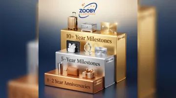 Employee milestone gift budget tiers from one-year to ten-plus year anniversaries