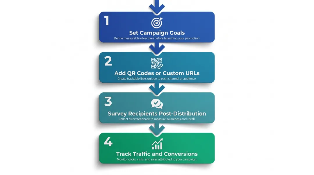 Four-step promotional product ROI measurement process flow diagram
