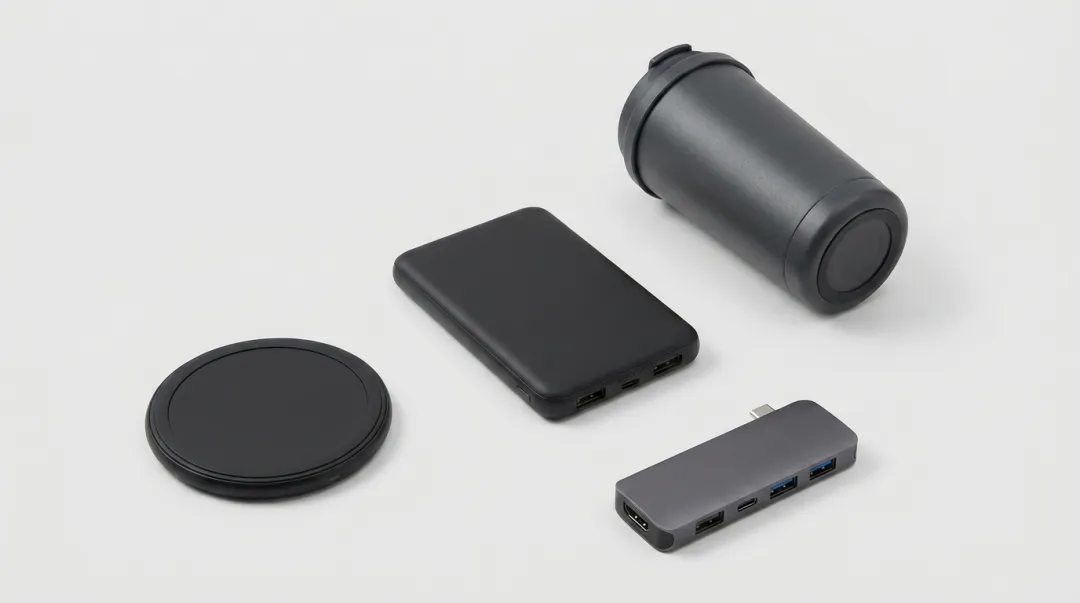 Branded corporate tech accessories including wireless charger power bank and insulated tumbler