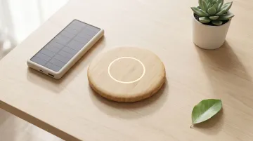 Bamboo wireless charging pad and eco-friendly tech accessories on modern office desk