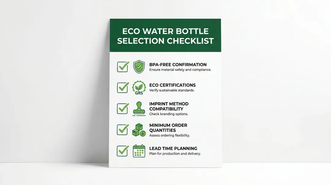 5-point corporate eco water bottle selection checklist infographic for procurement teams