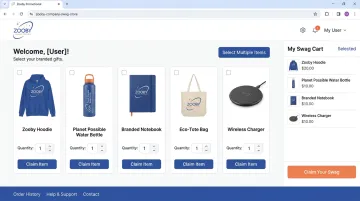 Zooby Promotional company swag store platform interface showing recipient gift selection