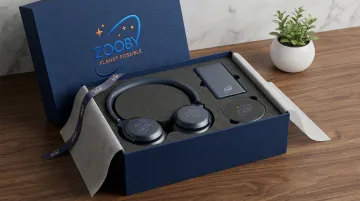 Branded tech gift hamper with wireless headphones power bank and charging pad