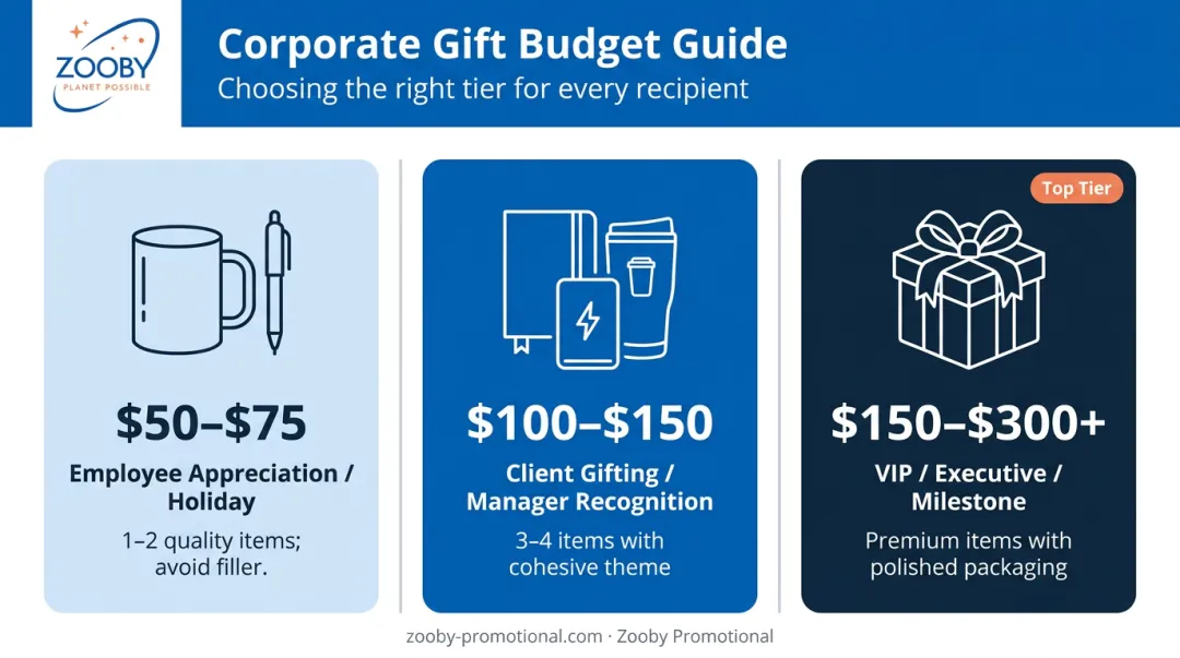 Corporate gift hamper budget tiers comparison chart fifty to three hundred dollars