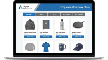 Branded online company store portal showing pre-approved merchandise and employee ordering interface