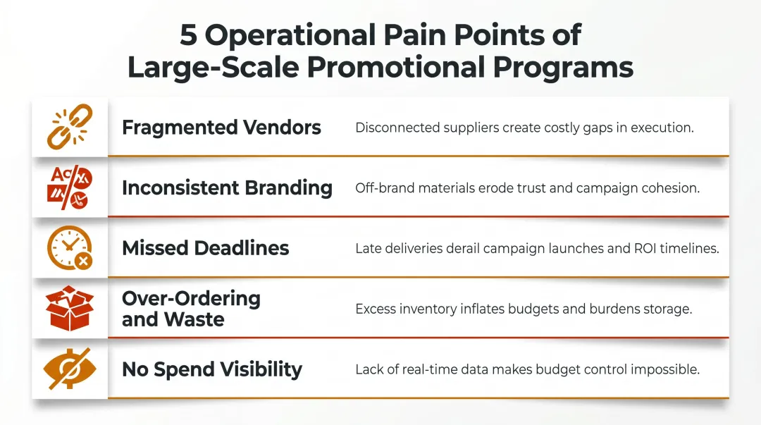 5 large-scale promotional order pain points breakdown infographic