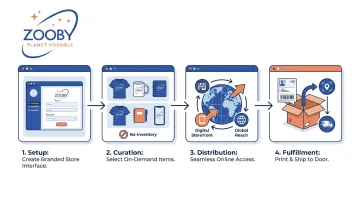 Zooby online company store four-step setup and fulfillment process flow