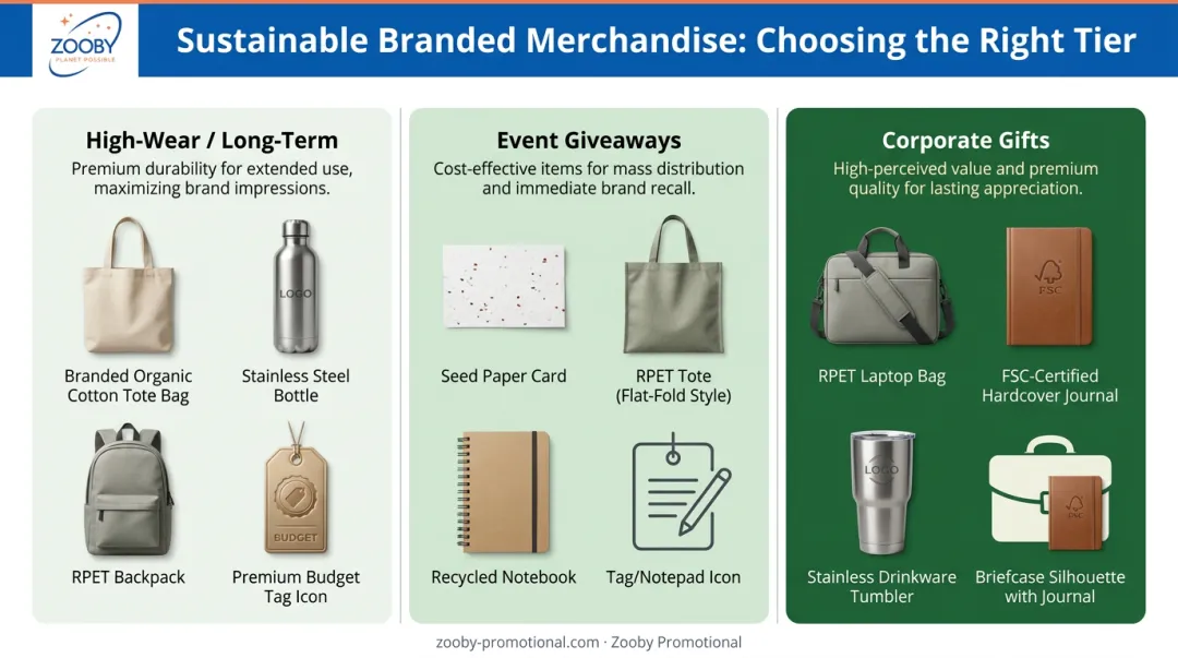 Three-tier eco-friendly promotional product framework by use case and audience