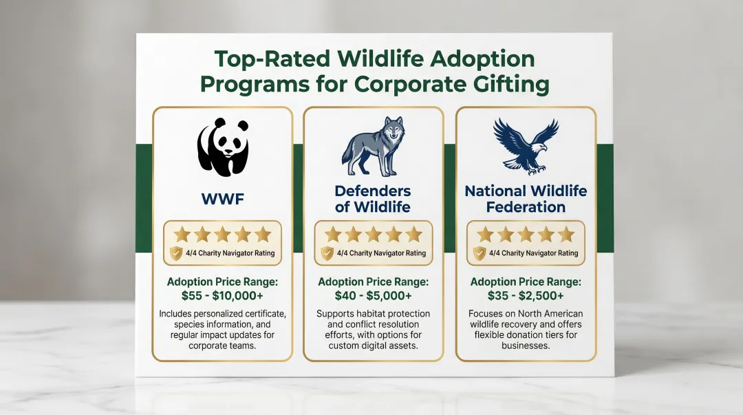 Three top-rated wildlife conservation nonprofit adoption programs for corporate gifting comparison