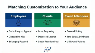 Corporate gift recipient audience segmentation showing employees clients and event attendees branding approach