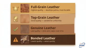 Four-tier leather quality hierarchy comparison chart for business card holders