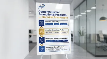 Four-question corporate event promotional product selection decision framework flowchart
