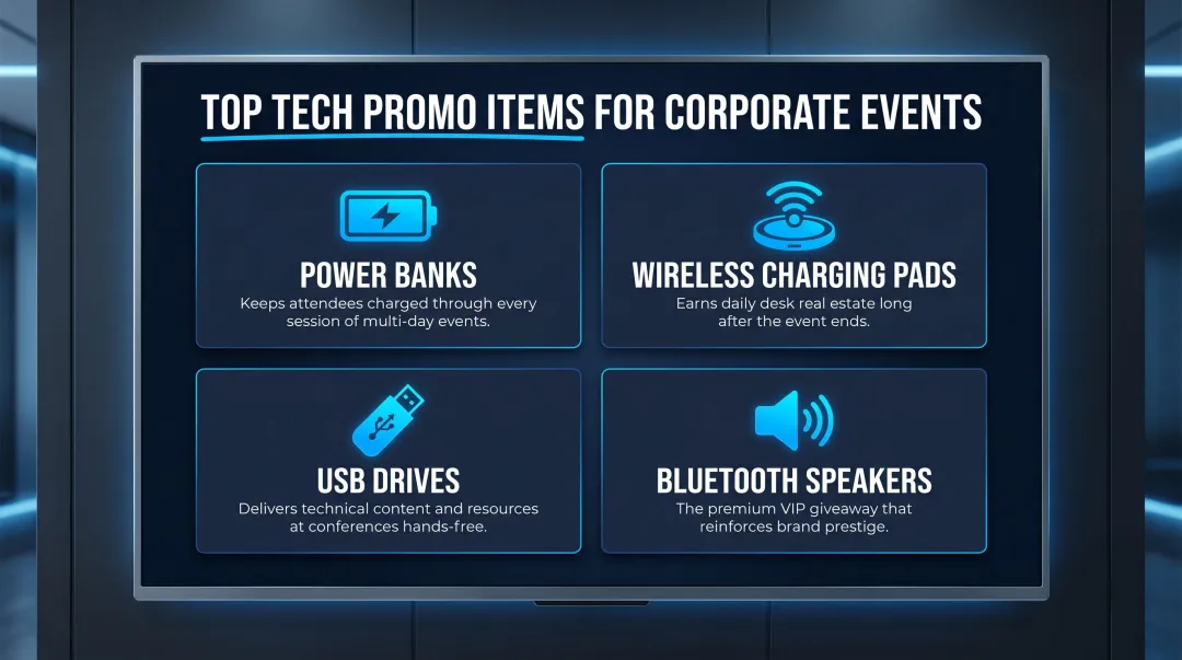 Top tech promotional product categories for corporate events by utility and impressions