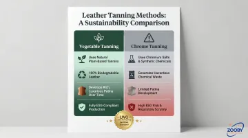 Vegetable tanning versus chrome tanning leather comparison infographic for ESG procurement