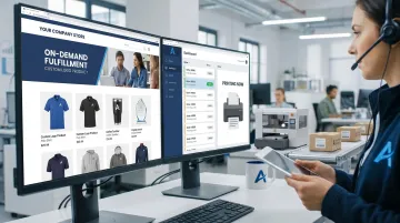Branded company store displaying custom logo merchandise apparel and drinkware