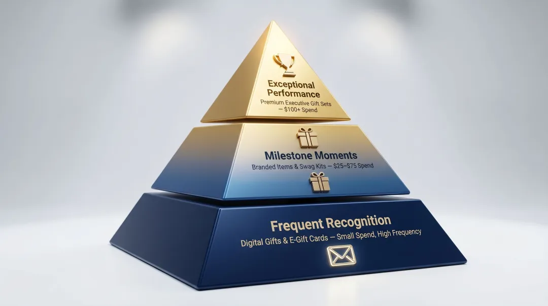 Three-tier corporate gifting budget framework from digital recognition to premium gifts
