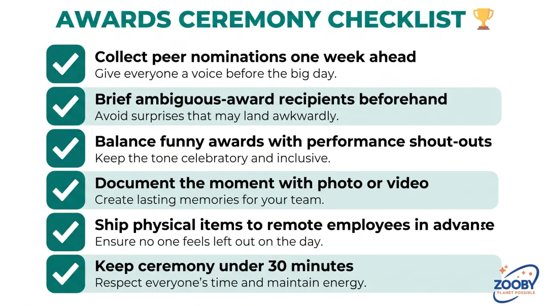 Six-step funny awards ceremony planning checklist with completion checkboxes