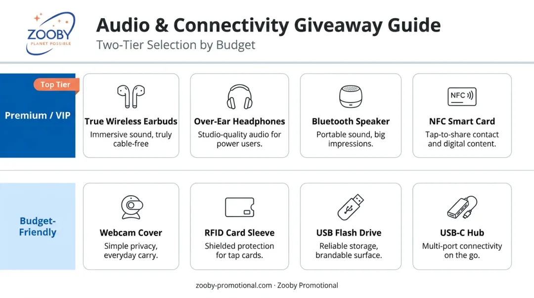 Conference tech giveaway audio and connectivity items categorized by audience and budget tier