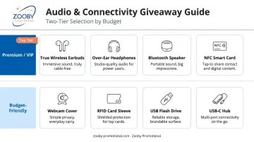 Conference tech giveaway audio and connectivity items categorized by audience and budget tier